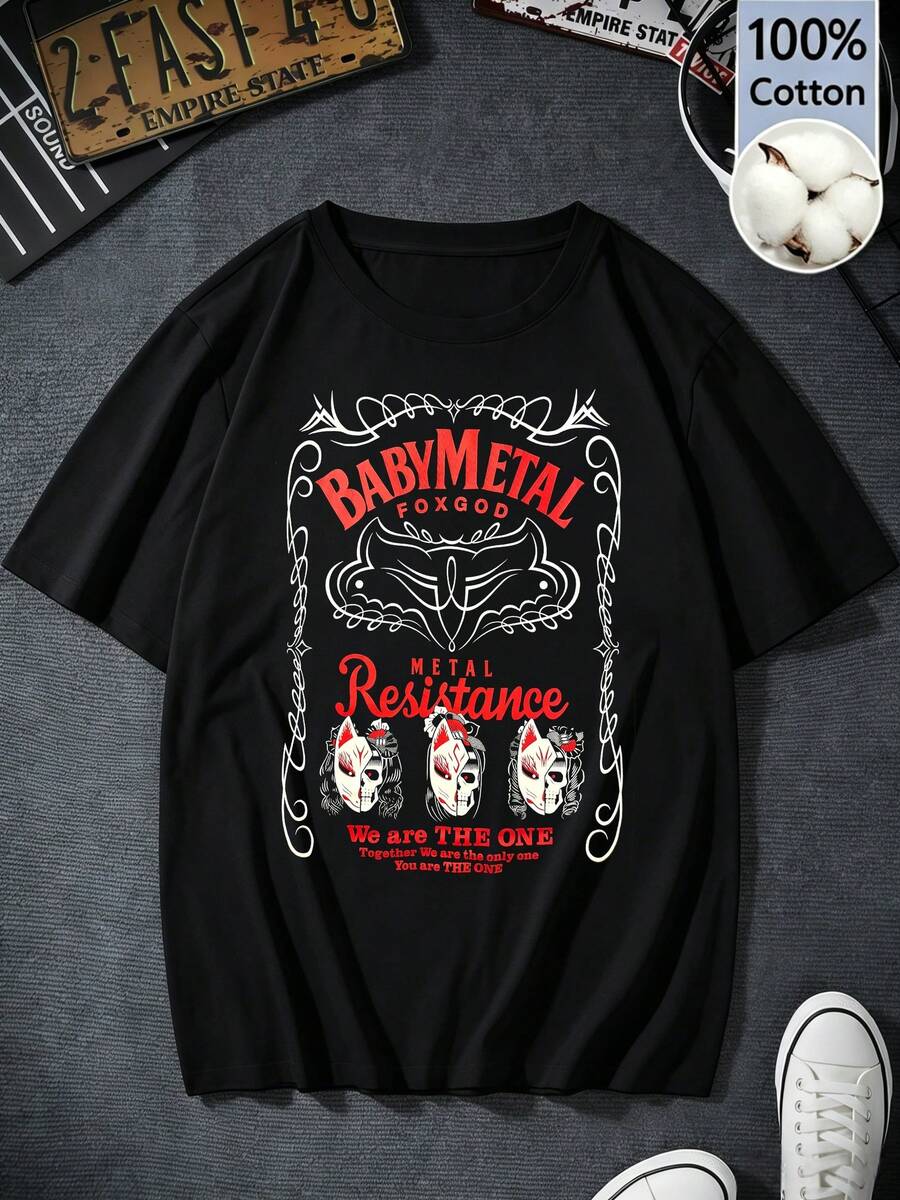 Women's Black Cotton Short-Sleeve T-Shirt, Y2K Retro Style, BABYMETALS Fox God Graphic Print, Summer Clothing For Rock Fans, Regular Fit - 黑色 - 查看 1