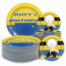 10/20/40pcs Cartoon Mini Jeans Disposable Paper Plates, Yellow Cartoon Banana Happy Birthday Print, 7 Inch And 9 Inch Party Plates, Suitable For Birthday Party, Cartoon Theme Party, Summer Pool Party, Afternoon Tea And Holiday Celebration Table Decor - Multicolor - View 1