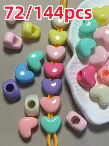 72/144PCS Acrylic 16mm Large Heart Beads, Large Hole Heart Beads, Random Mixed Colors, Solid Colors, For DIY Necklace, Bracelet, Pendant, Beaded Pen And Other Accessories - Multicolor - View 1