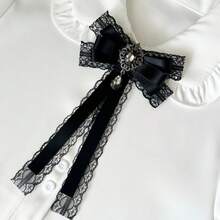 Bowknot Lace Patchwork Shiny Rhinestone Long Ribbon Brooch, Women's Bowknot Collar Accessory, Versatile Clothing Accessory For Shirts And Dresses, Decorative Collar Bow, Holiday Gift - Black - View 4