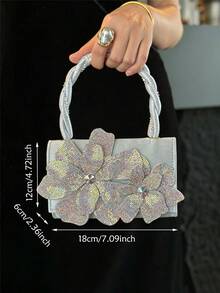 Dedoo 女款晚宴手提包，迷你方盒手柄包，3D水鑽花卉貼花圖案，華麗浪漫奢華風，適合婚禮新娘舞會雞尾酒會 - 銀色 - 查看 10