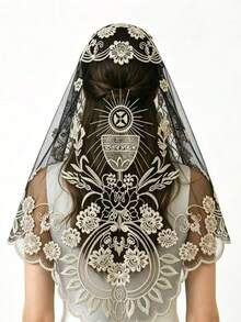 1pc Paisley Pattern Bohemian Polyester Black Apricot Lace Embroidered Triangle Veil Bridal Headscarf All Seasons - Black Apricot - View 3