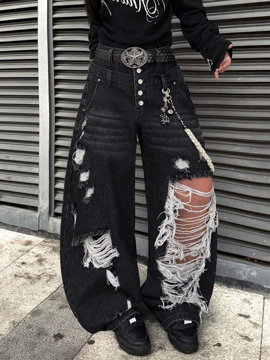 Infinite Jeans 1pc American Street Fashion Men's Patchwork Double Waistband Multi-Button Distressed Ripped Denim Jeans Loose Comfortable Wide Leg Pants All Season Versatile Denim Long Pants (Product Does Not Include Belt And Accessories) - Black - View 1