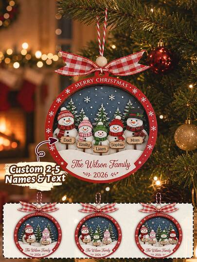 Adorno de Navidad de Muñeco de Nieve Personalizado, Decoración Colgante Festiva para Árbol, Recuerdo Navideño Personalizado con Nombre de Familia, Decoración del Hogar Estilo Granja, Decoración de Árbol de Navidad Personalizada con 2-5 Nombres, Regalo de Navidad Personalizable para la Familia, Decoración Familiar, Feliz Navidad