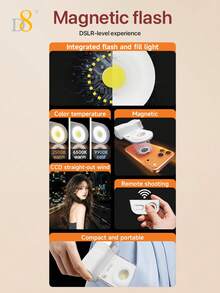 D8 Magnetic Flashlight Photography Fill Light, 2-In-1 Flash And Fill Light Design, 2500K/6500K/9900K Adjustable Color Temperature, Remote Shooting Control, Portable Pocket LED Camera Light, Suitable For Selfie, Vlog, Portrait Photography, Live Streaming, Outdoor Travel, Phone And Camera Photography Accessories - Multicolor - View 4
