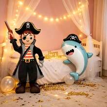 2pcs Standing Large Base Pirate & Shark Shaped Balloons, Suitable For Birthday Party Celebration Decoration, Holiday Party Atmosphere Decoration, Indoor Outdoor Room Scene Arrangement - View 3