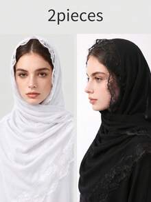 1pc Solid Color Chiffon Women's Headscarf, Fashion New Style Lace Eyelash Trim Decor - Multicolor - View 6