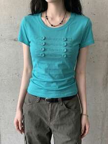 Korean Style Embroidered Napoleon Button Square Shoulder Short Sleeve T-Shirt, Casual Summer Style - Mint Blue - View 5