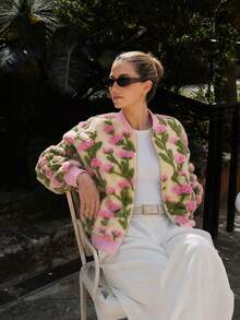 Women's Pink Green Floral Country Style Baseball Jacket Loose Cropped Long Sleeve Terry Jacquard, Vacation Commute Back To School Fall - Multicolor - View 2