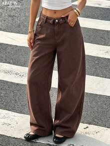Women's Vintage Brown Wide Leg Jeans, Casual Denim Pants With Zipper And Pockets, Long Design - Coffee Brown - View 4