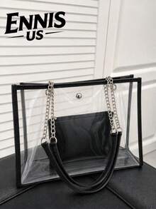 Transparent PVC Tote Bag Set, Large Capacity Commuter Shoulder Bag, Summer Jelly Transparent Beach Bag, 2 Pieces Set, Versatile Shopping Handbag For Women - Black - View 1