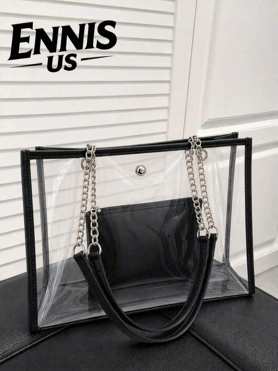 Transparent PVC Tote Bag Set, Large Capacity Commuter Shoulder Bag, Summer Jelly Transparent Beach Bag, 2 Pieces Set, Versatile Shopping Handbag For Women - Black - View 1