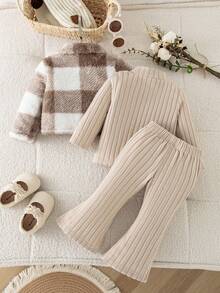 Baby Girls Winter Clothes 3-Piece Set Solid Color Ribbed Slim Fit Outfit + Plaid Fuzzy Collar Jacket - Apricot - View 3