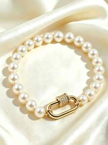 1/2pcs Oval Screw Lock Clasp Jewelry Connector, Micro-Inlaid Cubic Screw Necklace Connector, Copper Material, Gold Snap Button, Silver Hook Clasp, Necklace Bracelet Connector, Suitable For Jewelry Making Accessories - Pearl Button - View 3