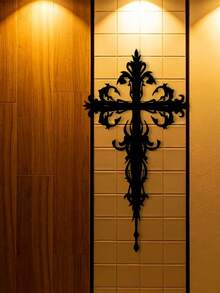 2D Flat, 1pc Gothic Cross Wall Decor Suitable For Plastic Surfaces, Acrylic Gothic Cross Panel With Gothic Mural - Self-Stick Installation For Home, Church, Fence Decoration, Religious Gift For Christmas & Easter, 2D Flat - Black - View 1