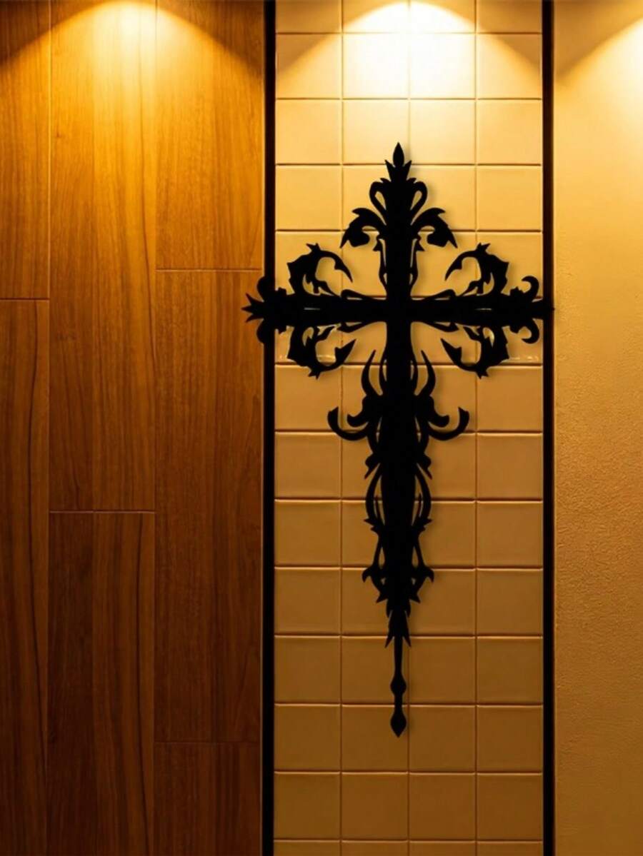 2D Flat, 1pc Gothic Cross Wall Decor Suitable For Plastic Surfaces, Acrylic Gothic Cross Panel With Gothic Mural - Self-Stick Installation For Home, Church, Fence Decoration, Religious Gift For Christmas & Easter, 2D Flat - Black - View 1