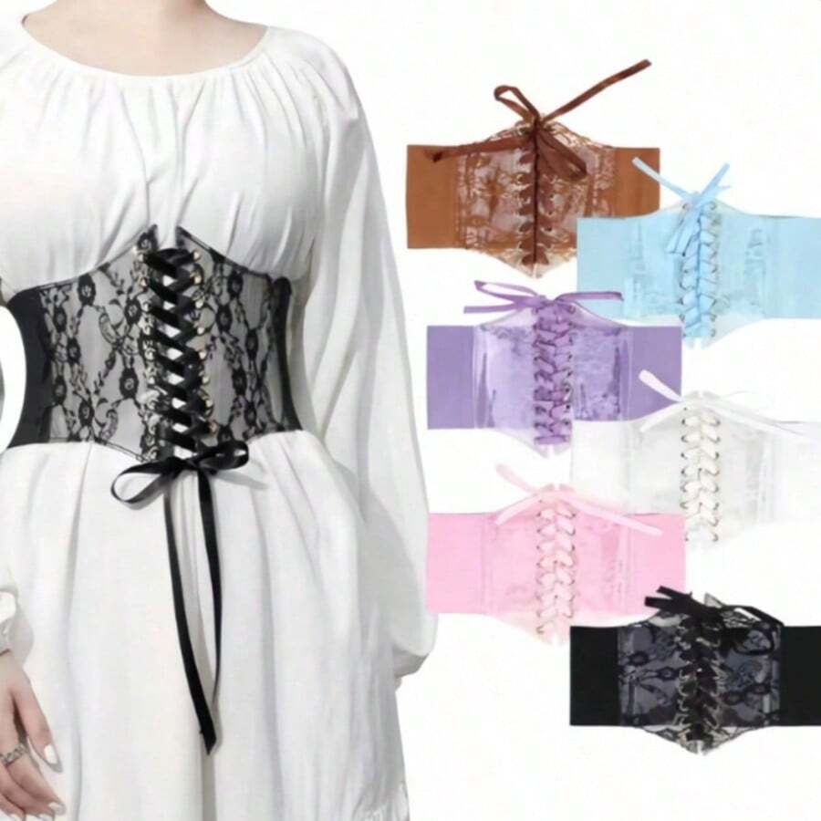 New Women's Lace-Up Waist Cincher, Fashion Wide Lace Belt, Silk Elastic Material, Versatile Decorative Top Accessory - Multicolor - View 1