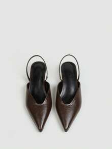Women's Chocolate Brown Pleated Faux Leather Slingback Pumps, V-Cut Pointed Toe Open Back High Heels, Elegant Commute Formal Shoes - Brown - View 1