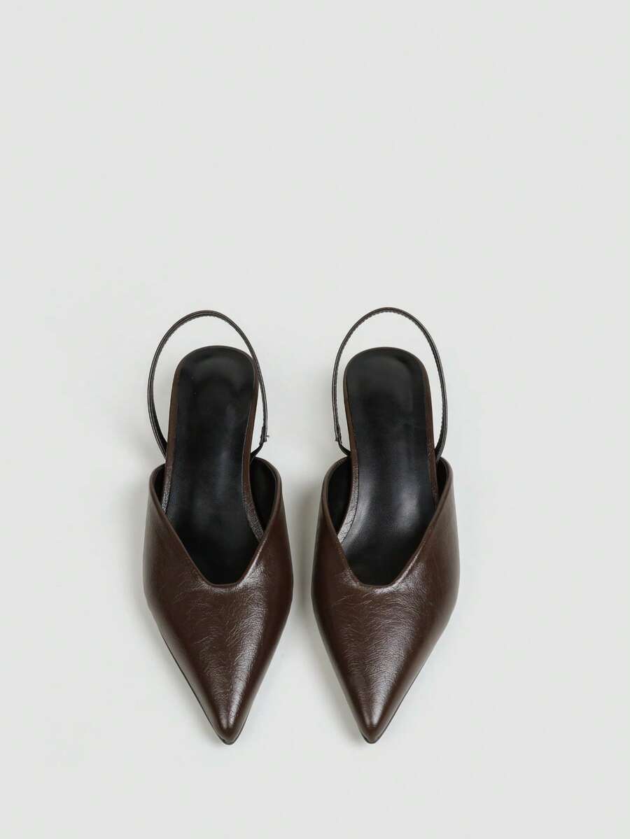 Women's Chocolate Brown Pleated Faux Leather Slingback Pumps, V-Cut Pointed Toe Open Back High Heels, Elegant Commute Formal Shoes - Brown - View 1