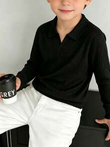 Tween Boys Ribbed Polo Neck Knit Sweater, Solid Long Sleeve Casual Pullover - Black - View 1