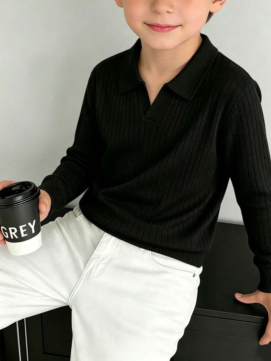 Tween Boys Ribbed Polo Neck Knit Sweater, Solid Long Sleeve Casual Pullover - Black - View 1