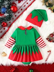 Christmas Baby Girl Spring/Autumn Cute Cartoon Candy Cane Print Long Sleeve Dress + Hat 2pcs Set - Green - View 3