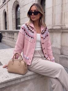 JIANHU Women's Pink Hooded Fair Isle Pattern Button-Up Cardigan, Suitable For New Year, Outdoor, Travel And Daily Wear - Pink - View 3