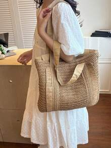 夏季草編海灘包 大容量手提包 度假風簡約百搭女款包 - 卡其色 - 查看 5