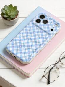 Creamy Dopamine Wave Ruffle Soft TPU Texture, Ins Korean Style Blue Plaid Heart Phone Case, Glossy Wave Frame Fresh Gentle Phone Cover Compatible With Galaxy S21 S22 S23 S24 S25 S26//Honor// And Other Models - White - View 3