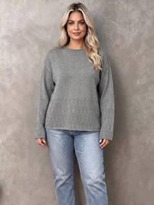 Women's Plus Size Knitwear Pullover Sweater With Drop Shoulder And Round Neck, Long Sleeve Grey Top For Fall And Winter. - Grey - View 8