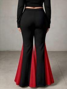 Fashion Plus Size Black Flare Pants, Red Patchwork Long Knit Trousers, Medium Stretch Comfortable Fit - Red - View 3