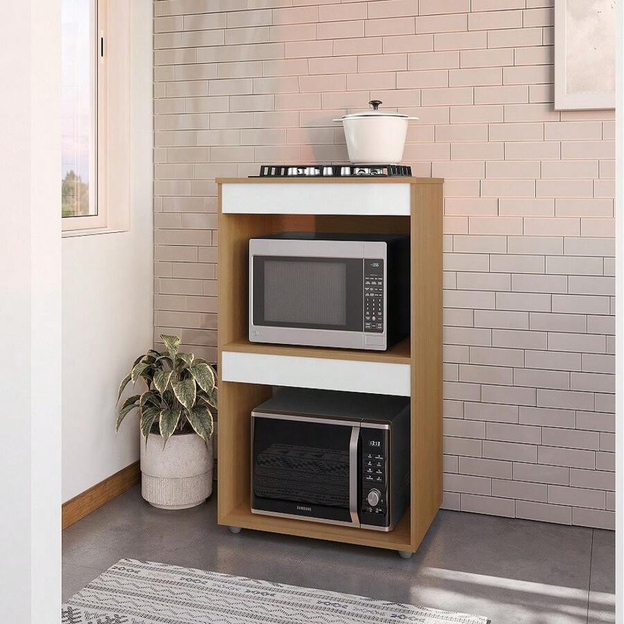Balcão Cooktop Adriana Amêdoa/Branco C/Tampo Fogão 4 ou 5 Bocas - AJL Móveis - Marrom Claro - Visão 1