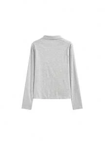 韓式條紋高領長袖女款 T-shirt 冬季保暖層次穿搭彈性修身內搭底層 - 淺灰色 - 查看 7