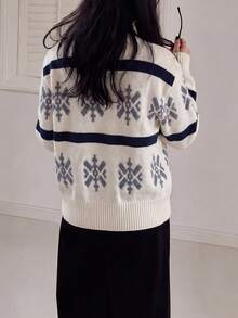 Women's Autumn/Winter Casual Minimalist Retro Pattern Zipper Cardigan Sweater Jacket - Beige - View 2