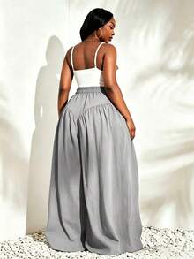 Fashion Plus Size Women's Wide Leg Pants, Elastic Waist Design, Comfortable Non-Stretch Fabric, Creating Casual Bohemian Style - Light Grey - View 2