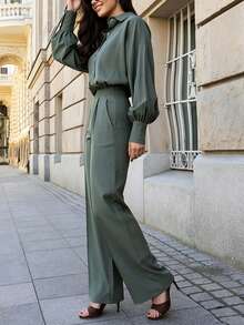 Women's 2 Pieces Set, Long Puff Sleeve Collared Button-Up Shirt + Elastic High Waist Wide Leg Pants, Casual Commute Outfit - Olive Green - View 2