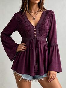 Rusttydustty Women's Bohemian Style Lace Patchwork Bell Sleeve Waist Tie Top In Plum, Suitable For Autumn, Halloween - Purple - View 4