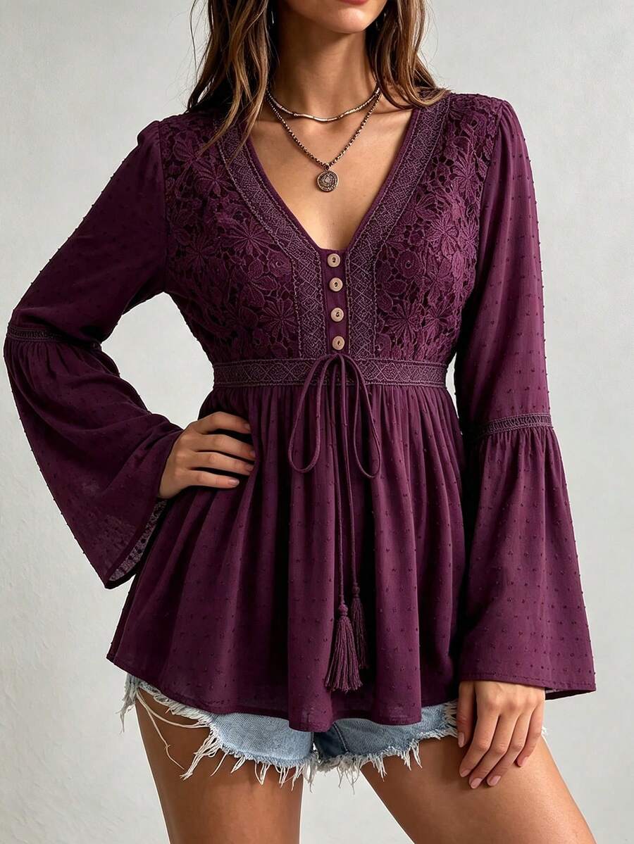 Rusttydustty Women's Bohemian Style Lace Patchwork Bell Sleeve Waist Tie Top In Plum, Suitable For Autumn, Halloween - Purple - View 1