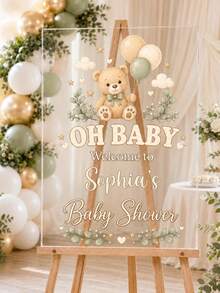 Personalized Teddy Bear Acrylic Welcome Sign, Neutral Baby Shower Decor - Multicolor - View 3