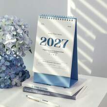 تقويم مكتبي عمودي أساسي لعام 2027، أسلوب INS بسيط باللونين الأزرق والأبيض، زينة مكتبية صغيرة، مخطط شهري، مذكرة ومتابع العادات - قطعة واحدة - مشاهدة 4