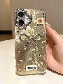 1pc Premium Red Fashion Floral Metal 3D Bow Phone Case - Precise Camera Hole Protection Soft Shell Compatible With Apple 11/12/13/14/15 Plus/16 Pro Max/17 Pro Max - Light Yellow - View 2