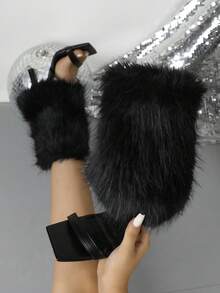 Autumn/Winter Niche Long Fur Ankle High Heel Sandals Boots Women Square Toe Single Strap Stiletto Heel Slimming Short Boots - Black - View 1