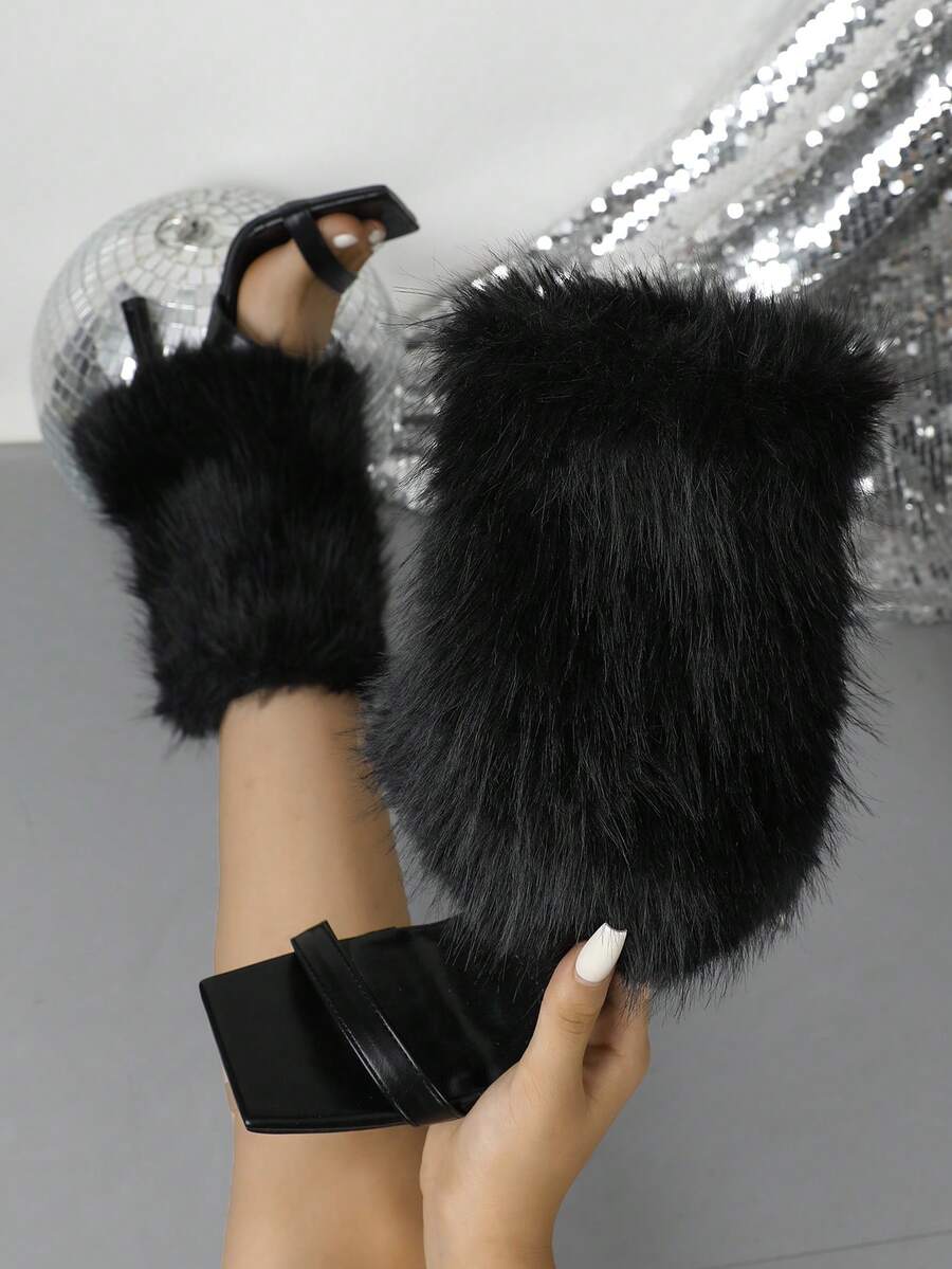 Autumn/Winter Niche Long Fur Ankle High Heel Sandals Boots Women Square Toe Single Strap Stiletto Heel Slimming Short Boots - Black - View 1
