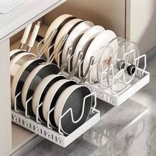 1pc Pull-Out Kitchen Cabinet Pot & Pan Rack With Sliding Lid Rack And Pot Rack For Storing Lids, Baking Utensils And Cookware - White - View 2