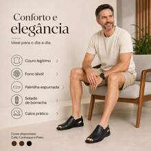 Chinelo Masculino Sandalia De Couro Casual Com Forro Macio Palmilha Espumada Confortavel Sola De Borracha Estilo Moderno Moda Praia E Passeio - Preto - Visão 6
