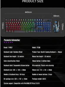 T-WOLF Keyboard Gaming Berkabel USB dengan Lampu Latar dan Tutup Tombol Mengambang, Nuansa Mekanik, Lampu LED, untuk PC - View 4