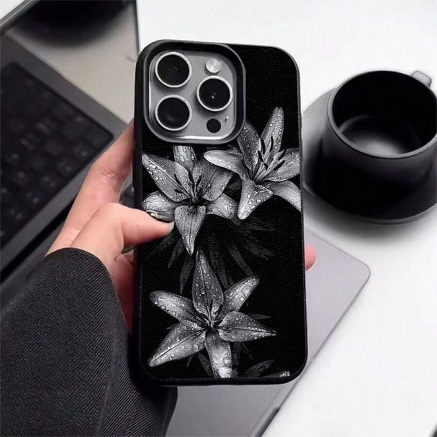 1pc TPU Material Cool Black & White Lily Pattern Phone Case Compatible With IPhone 17 Pro Max/17/16 Pro Max/15/13/12/11/ S20 FE/A15/S24/A55/ Note 11/Note 12/Note 13 Pro Full Coverage Anti-Drop Soft Shell Protective Cover - Black - View 1