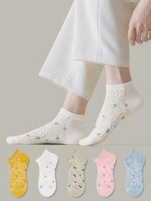 ZUJO 5 Pairs Women's Short Socks, Floral Print And Cable Knit Pattern, Simple And Comfortable, Suitable For All Seasons, French Country Style, Random Color - Multicolor - View 4