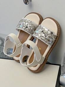 1 Pair Girls' Silver Mixed Color Sequin Glitter Wide Strap Hook & Loop Square Toe Open Toe Flat Sandals, Suitable For Party, Photography And Vacation - Silver - View 8