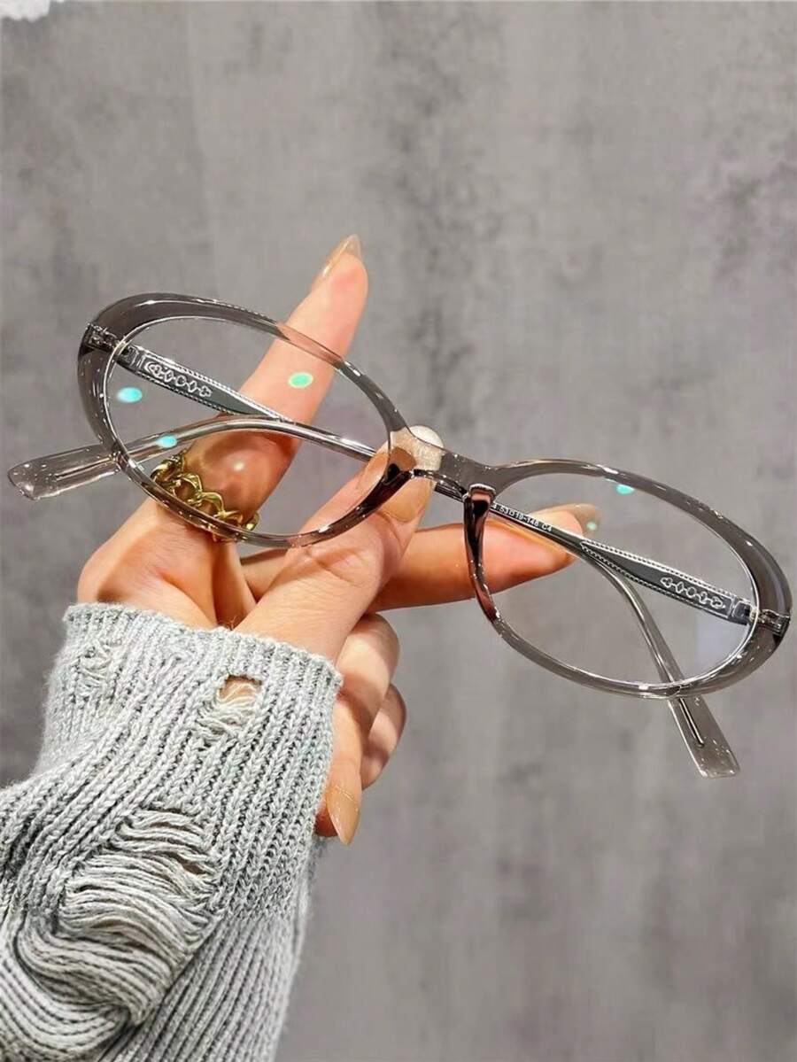 1 Pair Women's Fashion Retro Literary Office Style Cat Eye Non-Prescription Glasses, Embossed Temple Design - Multicolor - View 1